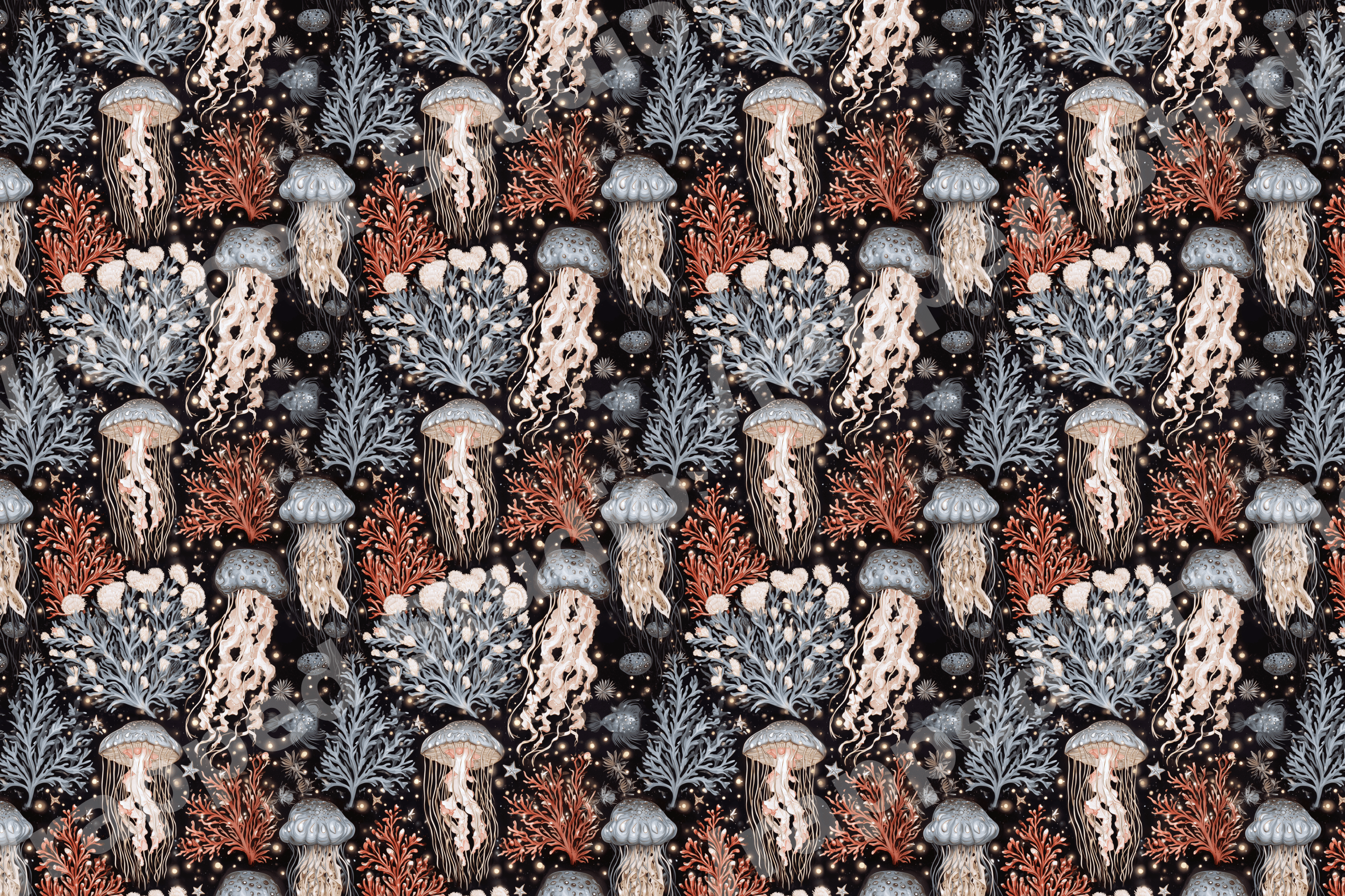 Vintage ocean pattern with jellyfish, coral, and seaweed illustrations on a black background.