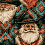 Rustic cowboy Santa Christmas pattern with southwestern tribal geometric designs in teal and red.