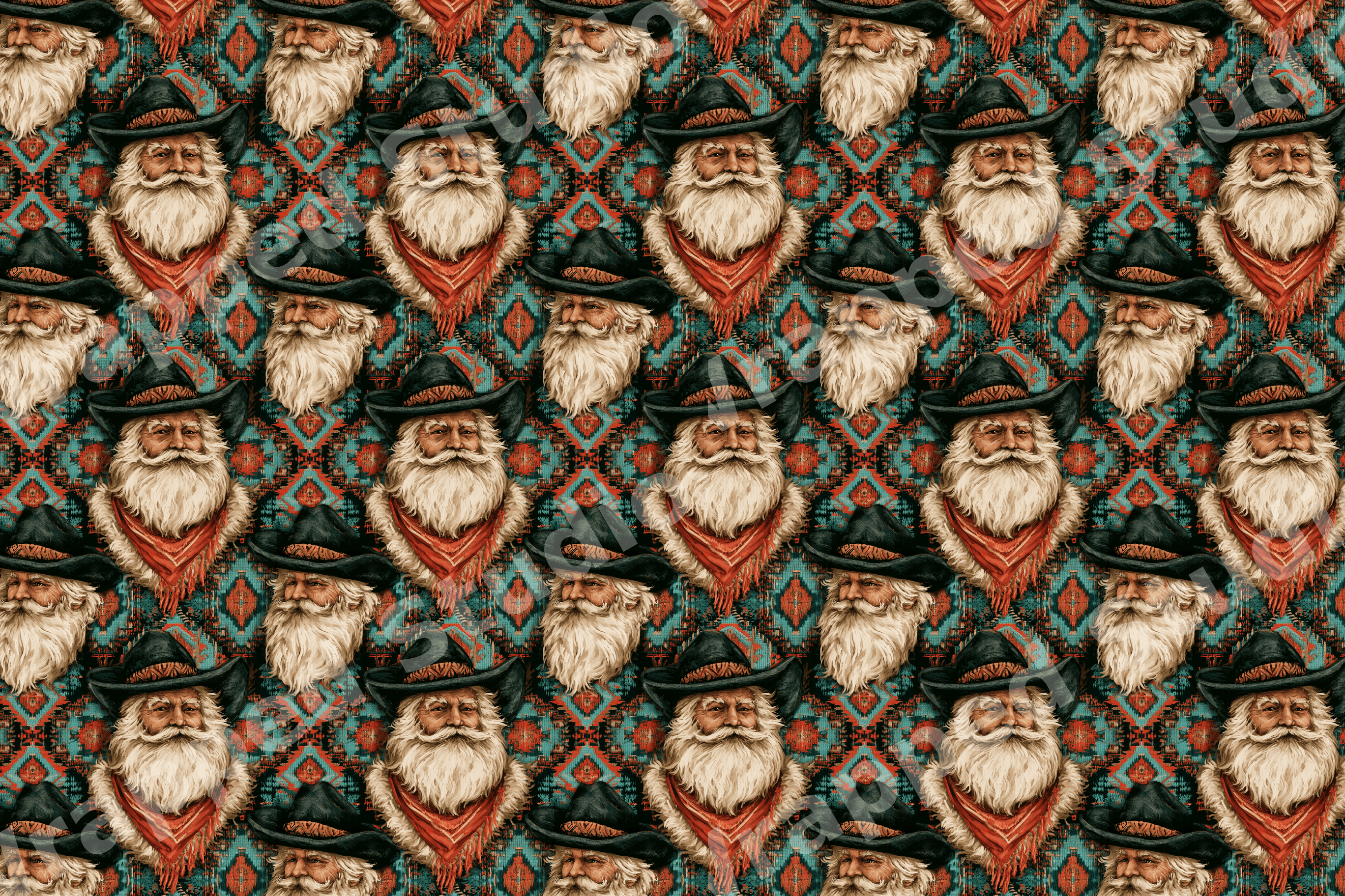 Western cowboy Santa Christmas pattern on a teal and red southwestern geometric design.