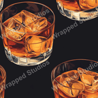 Seamless pattern design with whiskey glasses filled with ice in amber tones on a black backdrop.
