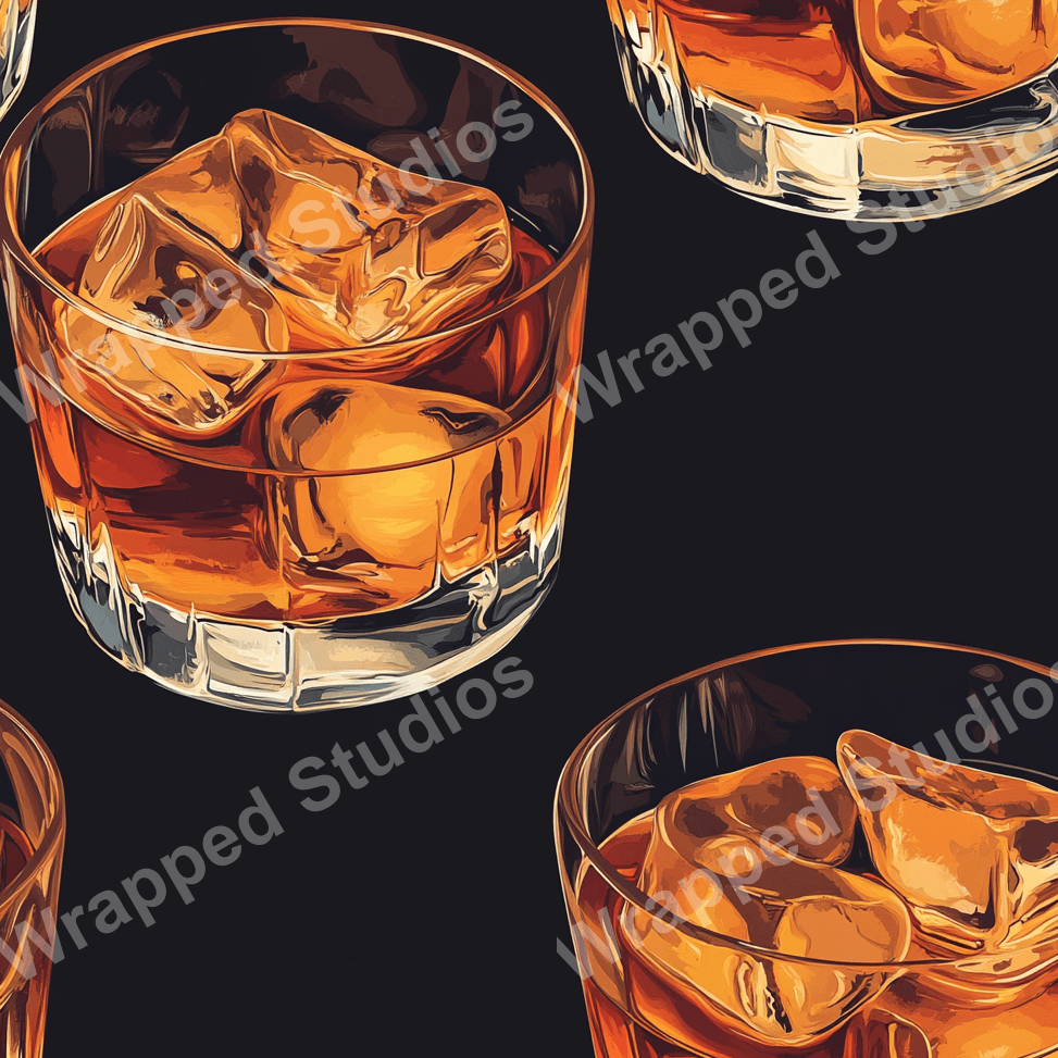Seamless pattern design with whiskey glasses filled with ice in amber tones on a black backdrop.