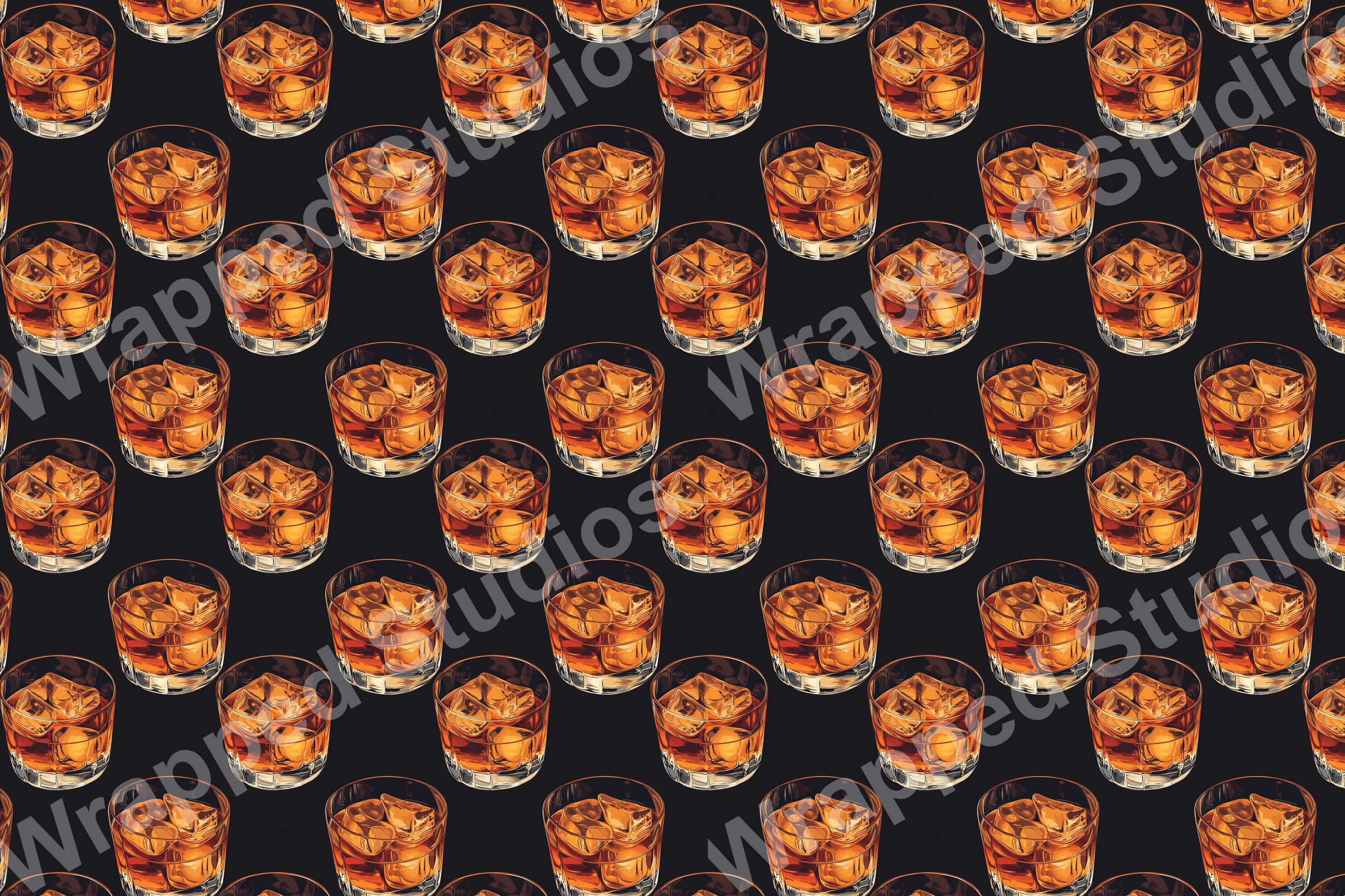 Seamless repeating pattern of whiskey glasses with ice on a dark background.