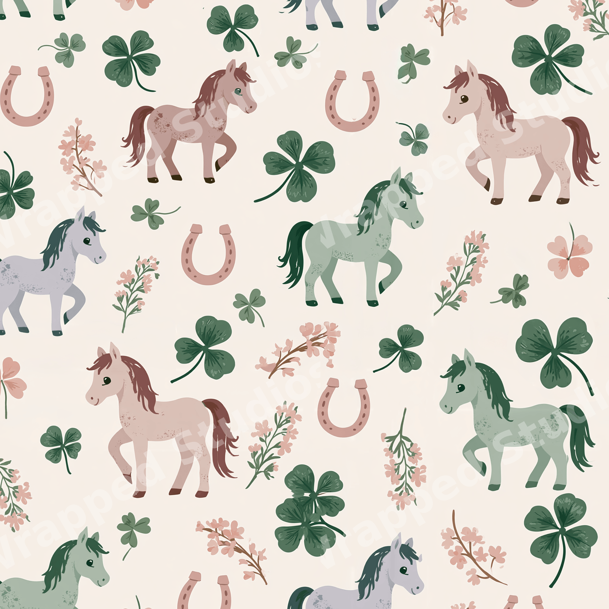 Whimsical horse seamless pattern with green clovers, pink horseshoes, and wildflowers in pastel tones.