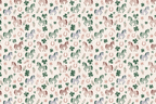 Whimsical horse pattern with lucky clovers, horseshoes, and wildflowers in pastel pink and sage green.
