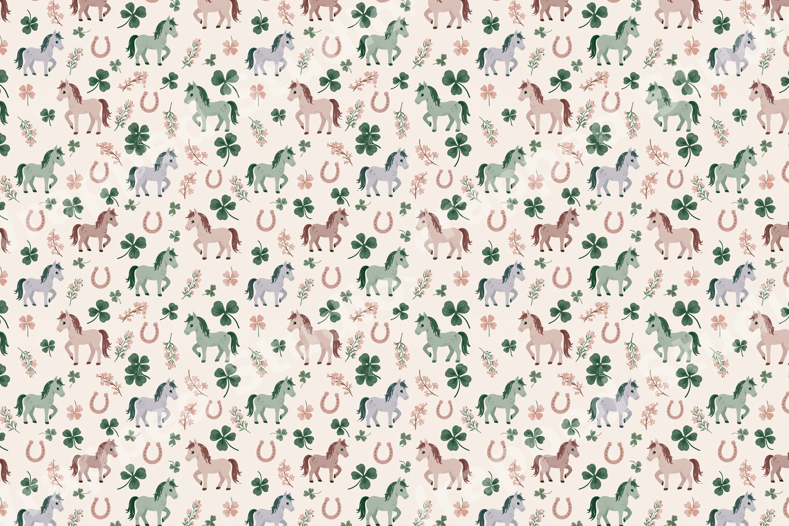 Whimsical horse pattern with lucky clovers, horseshoes, and wildflowers in pastel pink and sage green.