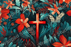 Vibrant floral pattern with an orange cross, featuring teal foliage against a dark, modern botanical design.
