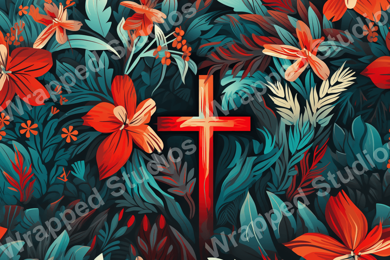 Vibrant floral pattern with an orange cross, featuring teal foliage against a dark, modern botanical design.