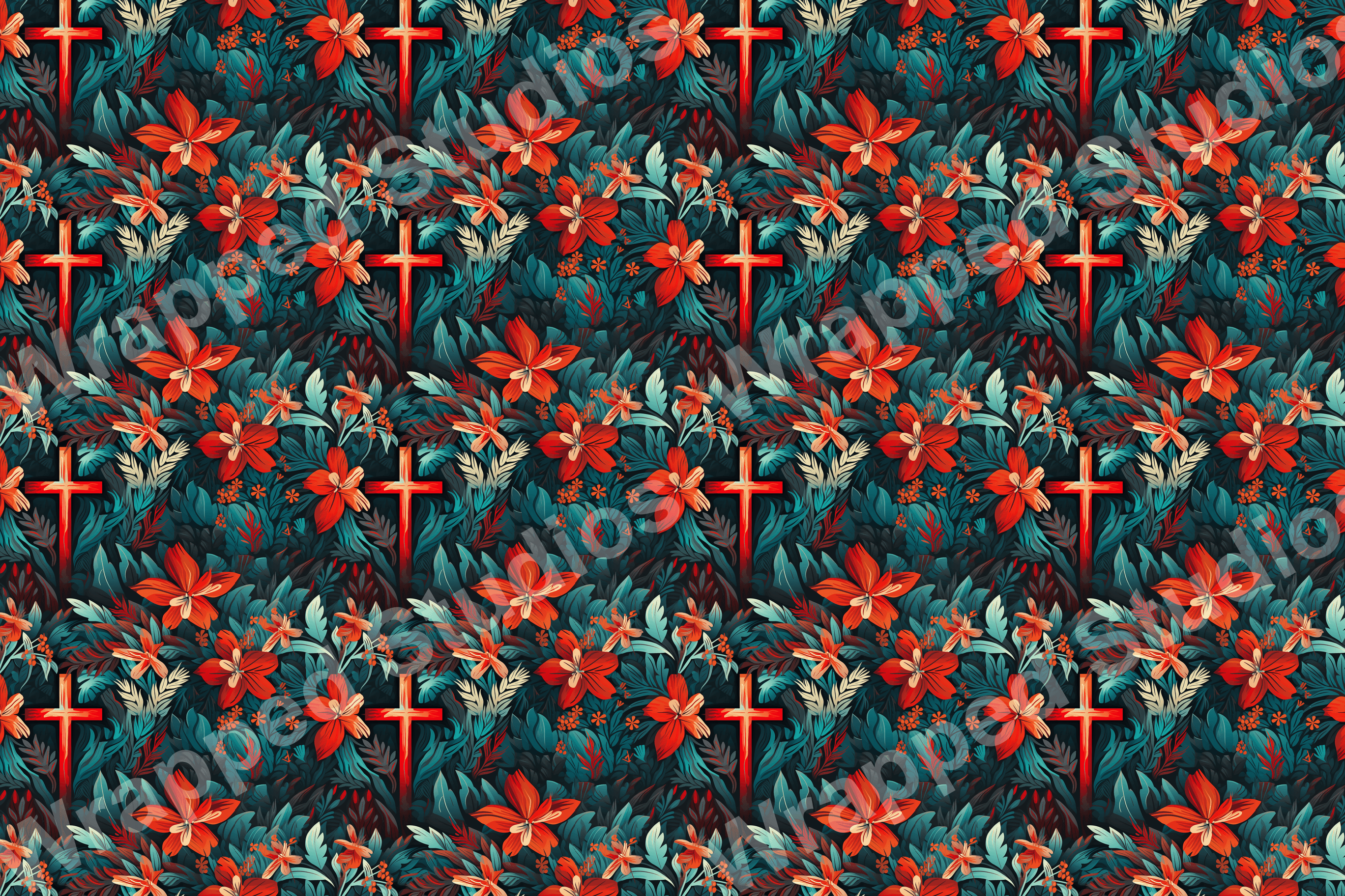 Vivid floral pattern with red flowers, crosses, and teal foliage on a dark background.