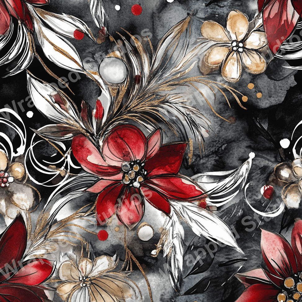 Elegant floral pattern with red, gold, and neutral watercolor flowers and leaves on a textured black background.