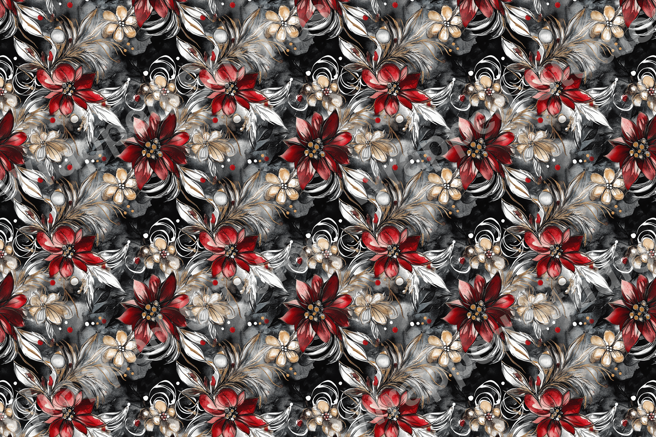 Elegant floral pattern with red blooms, gold accents, and black watercolor textures.