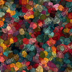 Seamless floral pattern with rose-like blossoms in a dense, colorful, painterly design.