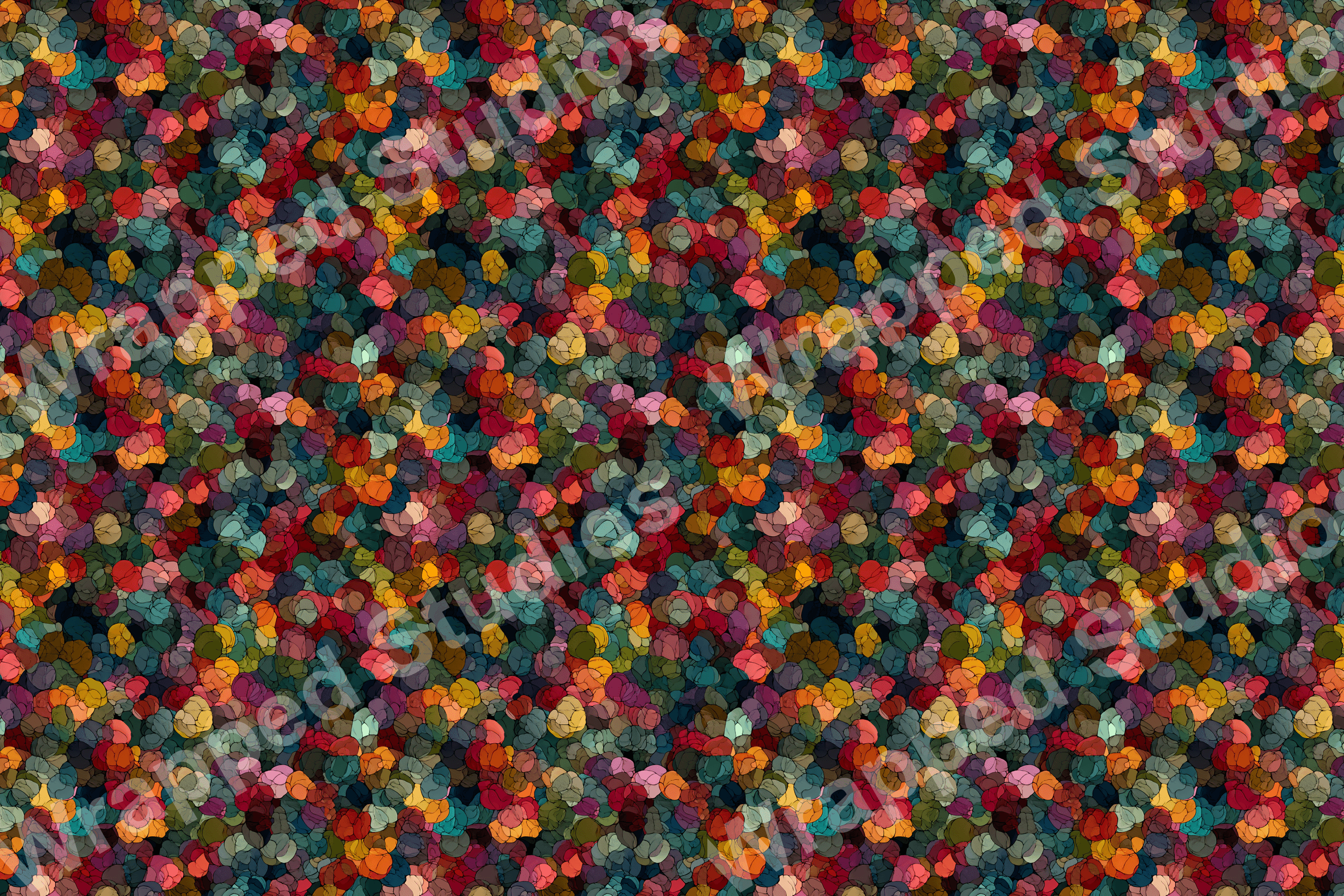A densely packed abstract pattern with rounded, overlapping shapes in teal, red, yellow, and purple hues.