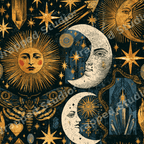 Vintage celestial pattern with gold suns, crescent moons, stars, and moths on a dark background.