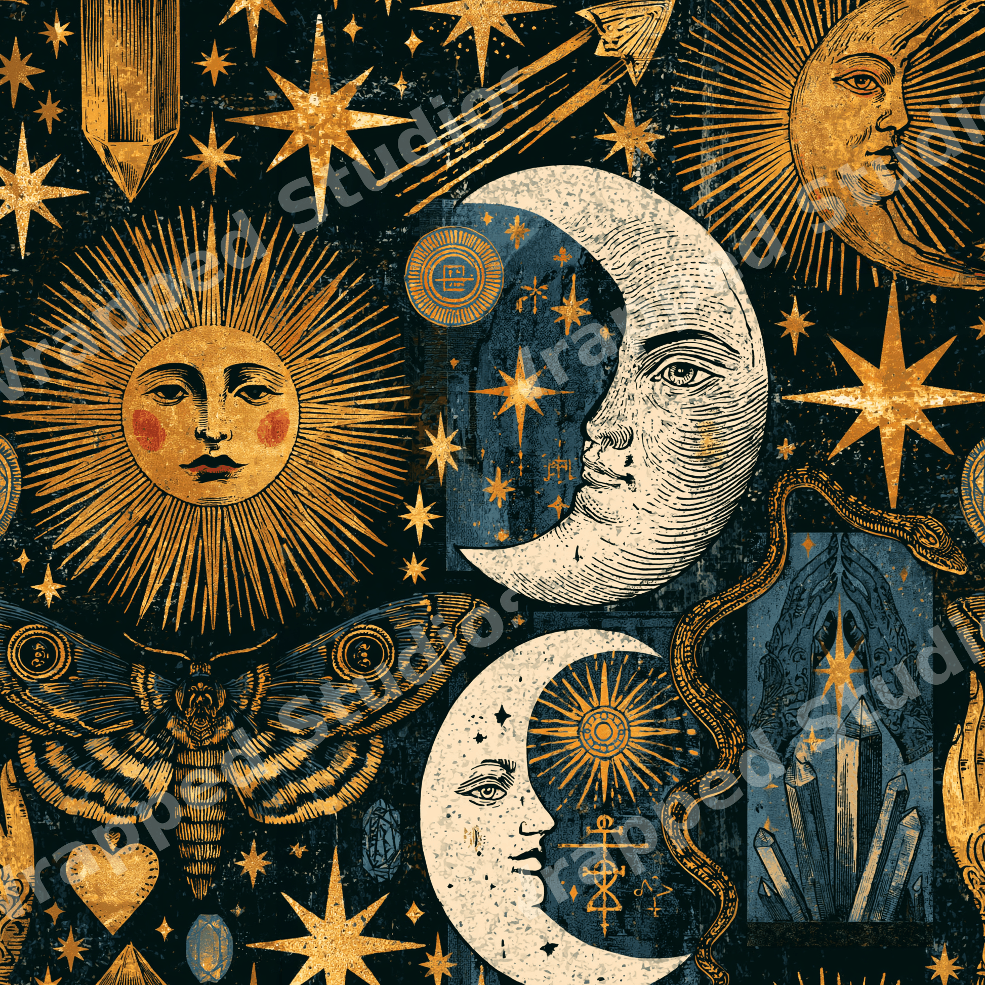 Vintage celestial pattern with gold suns, crescent moons, stars, and moths on a dark background.