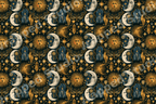Vintage celestial pattern featuring gold suns, crescent moons, stars, and moths on a dark navy background.