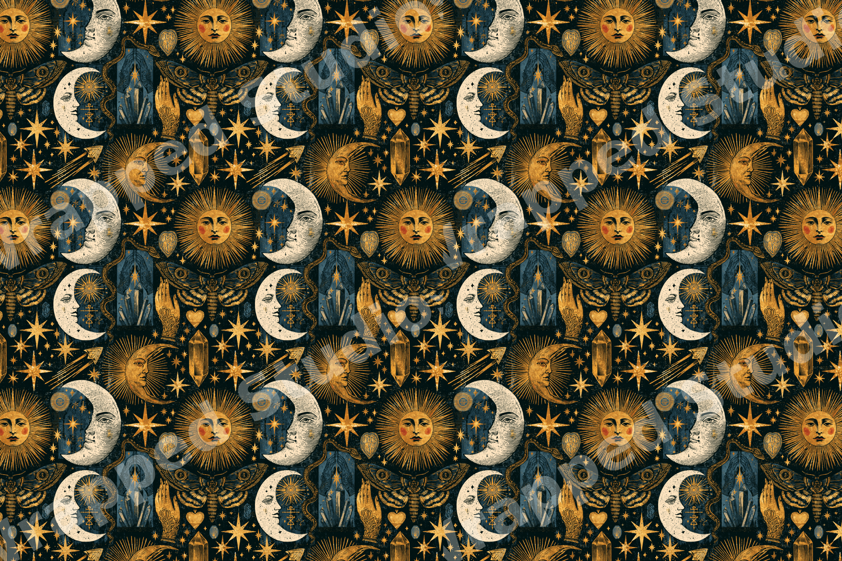 Vintage celestial pattern featuring gold suns, crescent moons, stars, and moths on a dark navy background.