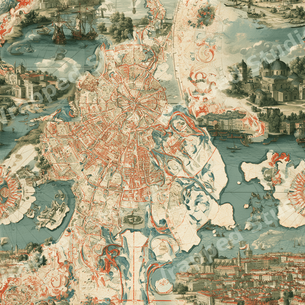 Vintage map pattern with antique cartography, sailing ships, and historical cityscapes in teal and cream.