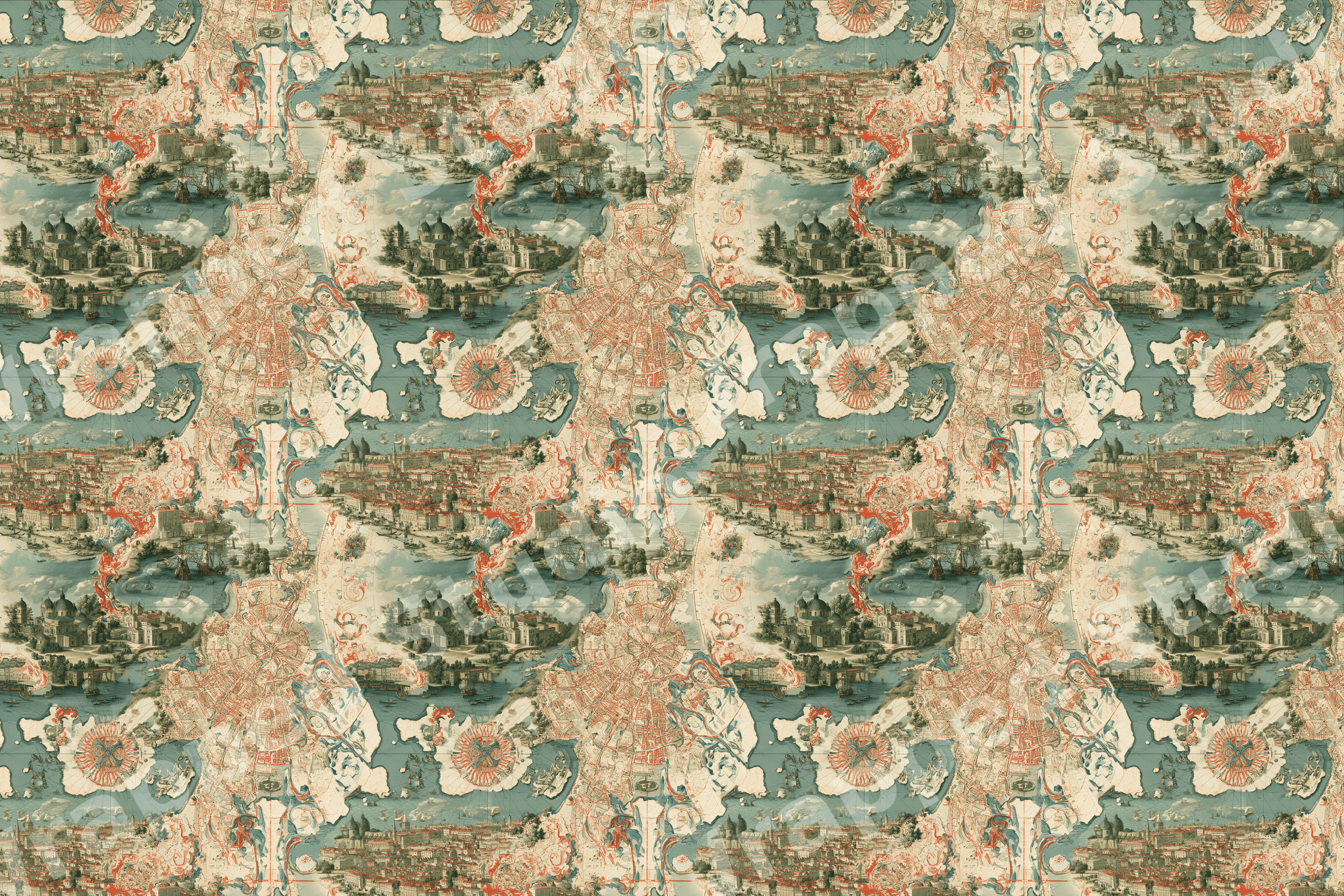 Antique map pattern featuring historic cityscapes and vintage ships in cream, muted teal, and terracotta red.