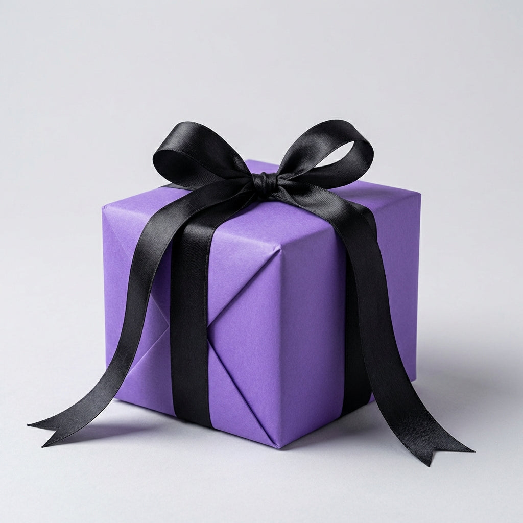 Purple gift box with a black ribbon on a light gray background