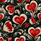 Romantic baroque heart pattern with ornate red hearts and dark botanical scrolls.