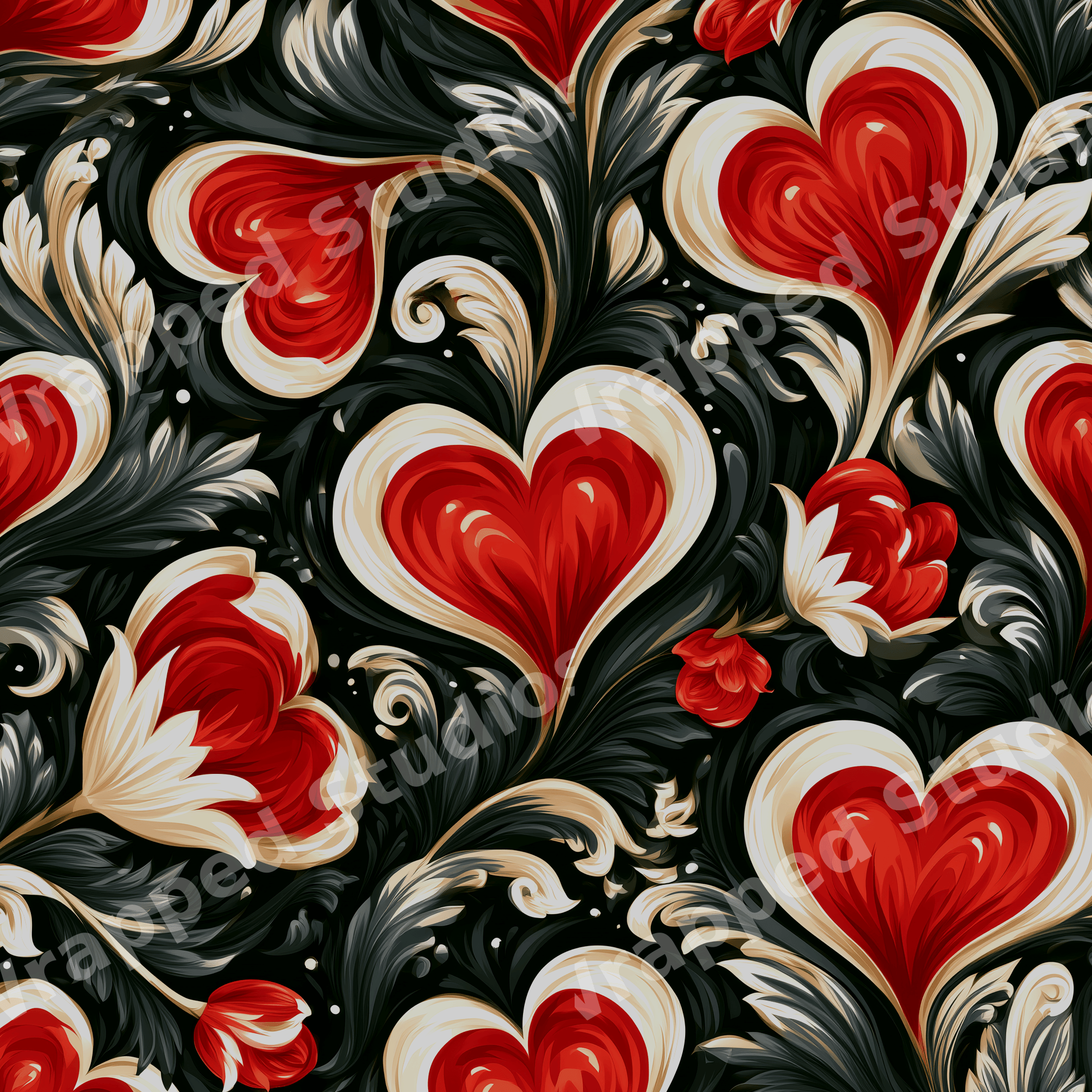 Romantic baroque heart pattern with ornate red hearts and dark botanical scrolls.