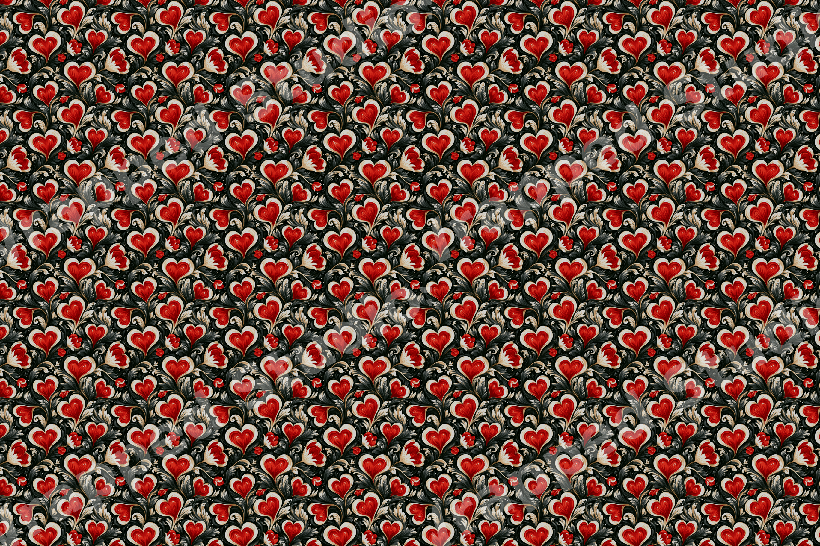 Ornate vintage heart pattern with red hearts and black botanical filigree on a dark background.