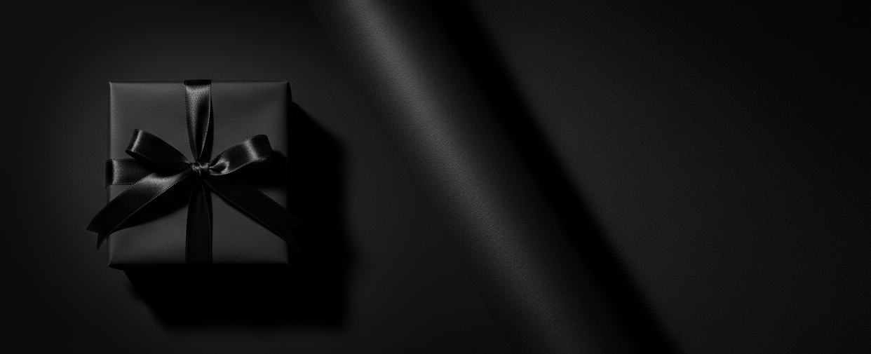 Create a collection hero image for black wrapping paper collection.  This should be a studio quality image to show off wrapped gift.  2 different focal points. A wrapped gift and a macro image on right. The background should match the color. No text on image.  The overall image should be highly polished like it was produced from a high end marketing agency. Keep lower left corner empty. Most design elements on right 2/3. Aspect Ratio 21:9.