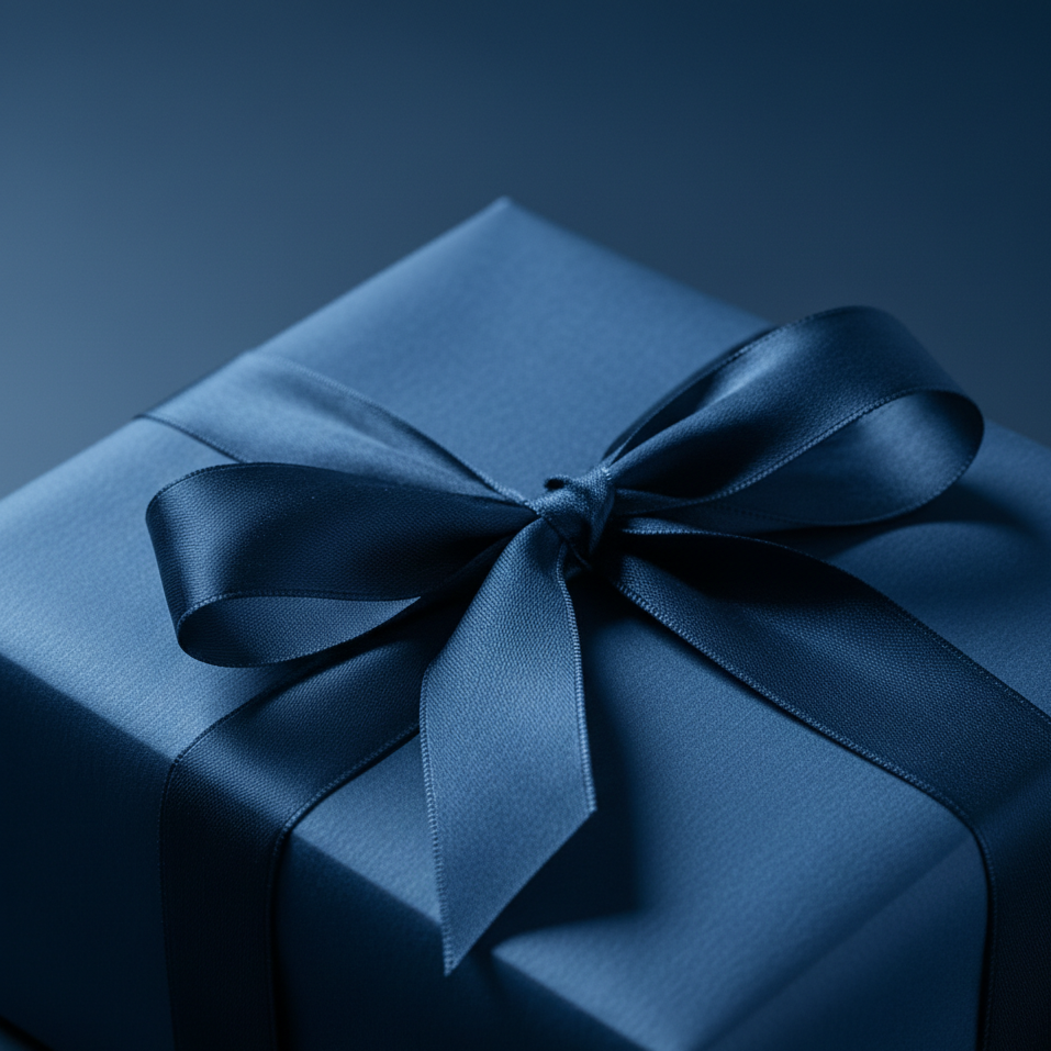 Blue gift box with a bow on a dark blue background