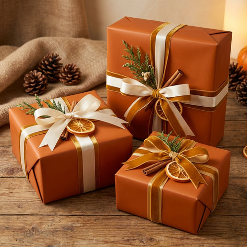 Three burnt orange gift boxes with decorative ribbons and cinnamon sticks on a wooden surface. Burnt Orange: Solid Color Wrapping Paper