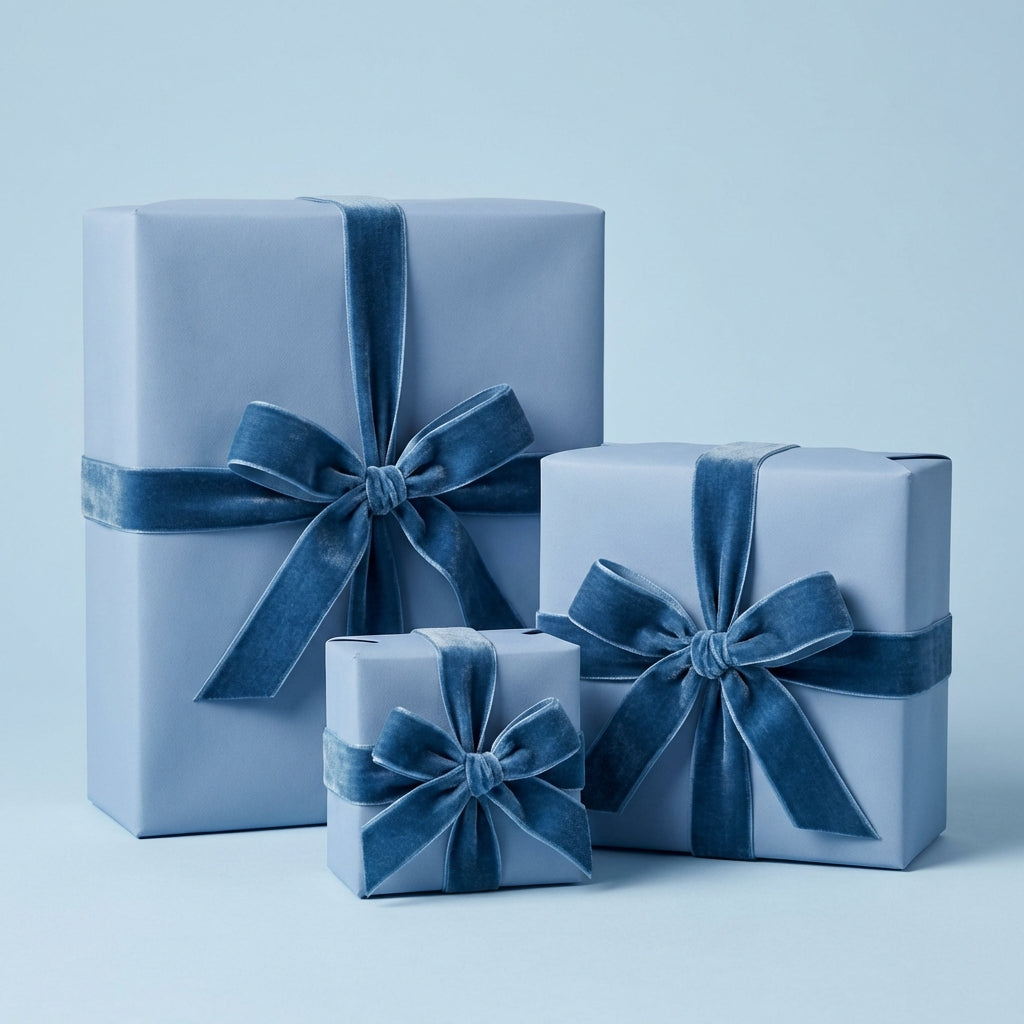 Three Cerulean Blue solid color gift wrapped gift boxes with ribbons on a light blue background
