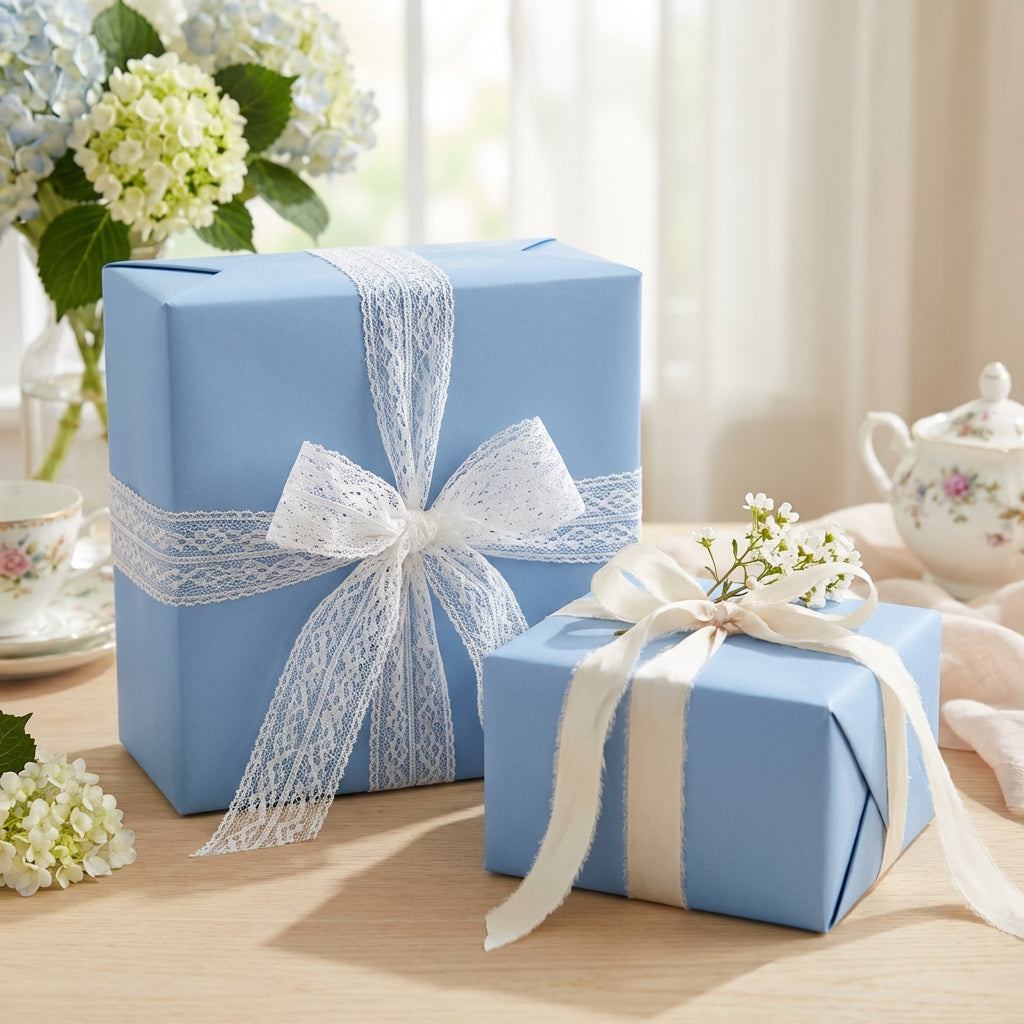 Cerulean Blue: Solid Color Gift Wrap. Two blue gift boxes with white ribbons on a table with flowers and a teapot in the background.