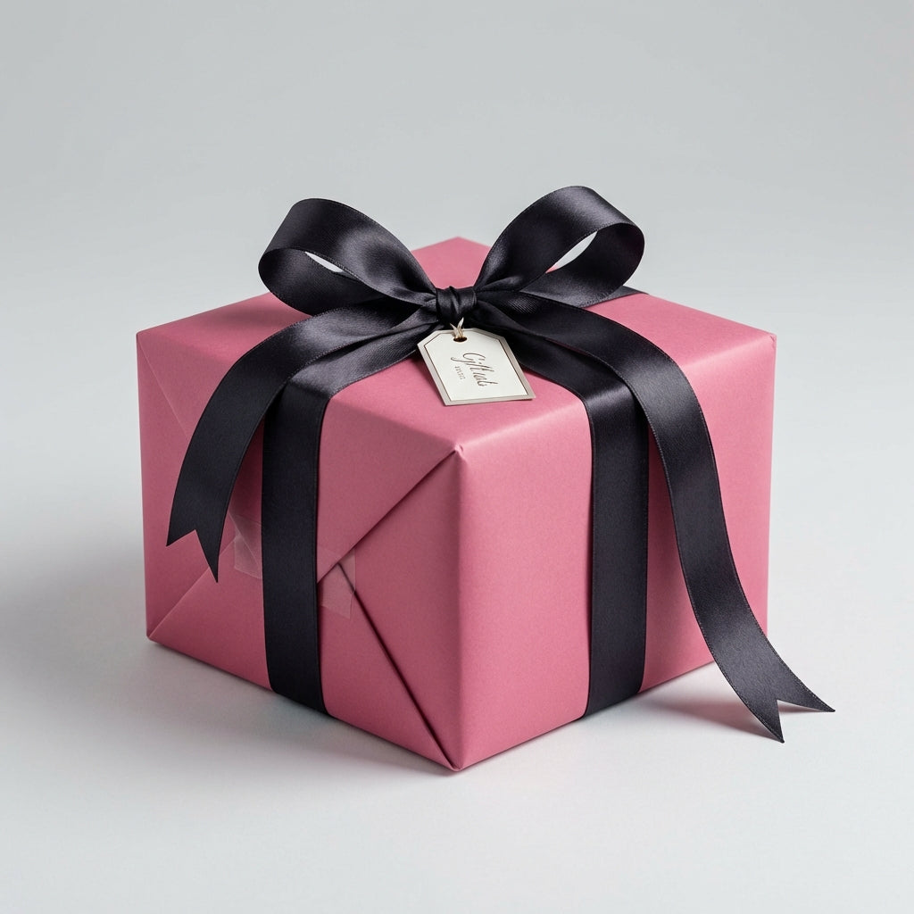 Dusty Rose gift box with a black ribbon and tag on a light gray background. Delicate Dusty Rose: Solid Color Gift Wrap