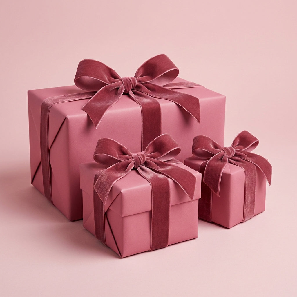 Three dusty rose pink gift boxes with ribbons on a matching pink background