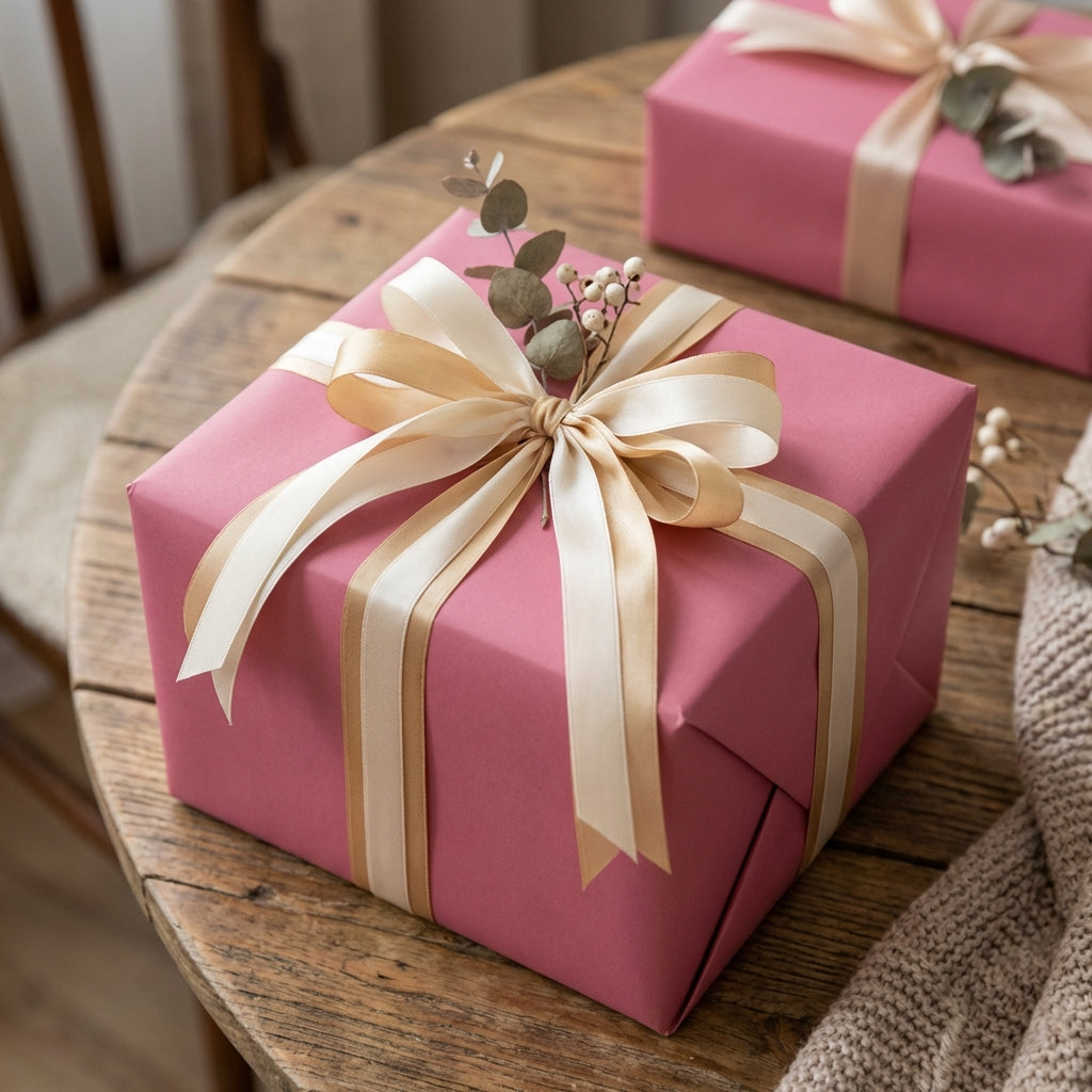 Delicate Dusty Rose: Solid Color Gift Wrap on gift box with a beige ribbon on a wooden table