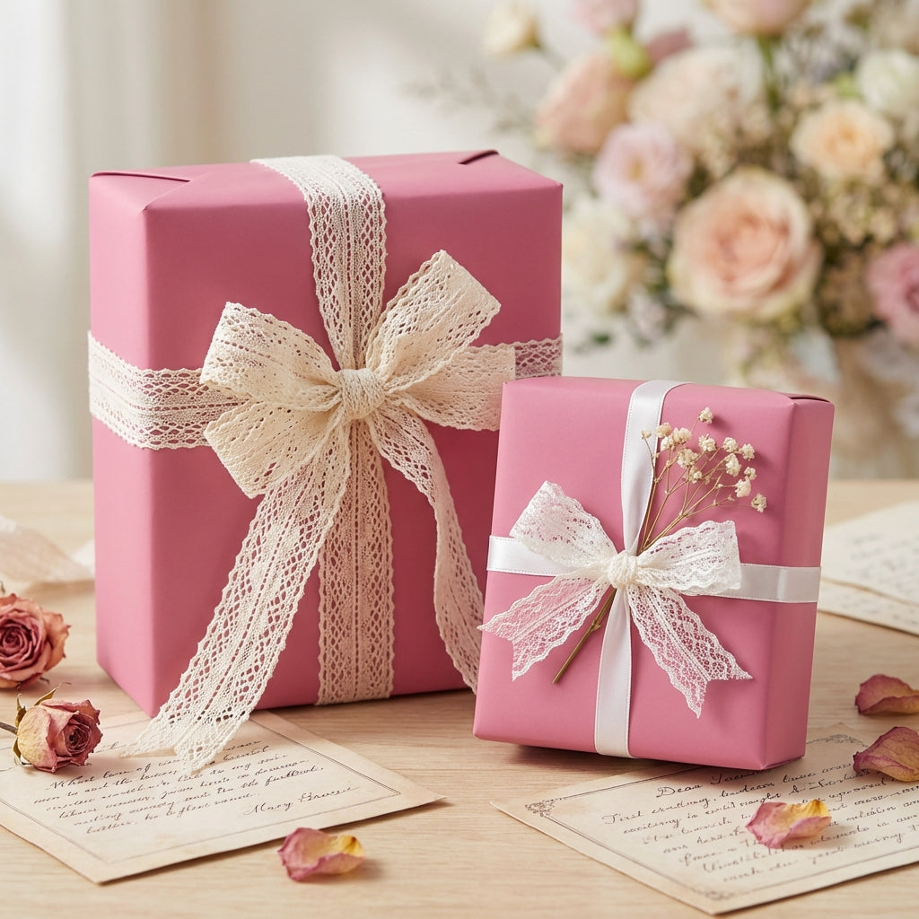 Delicate Dusty Rose: Solid Color Gift Wrap on two pretty gift boxes with decorative lace bows on a wooden surface with flowers in the background.