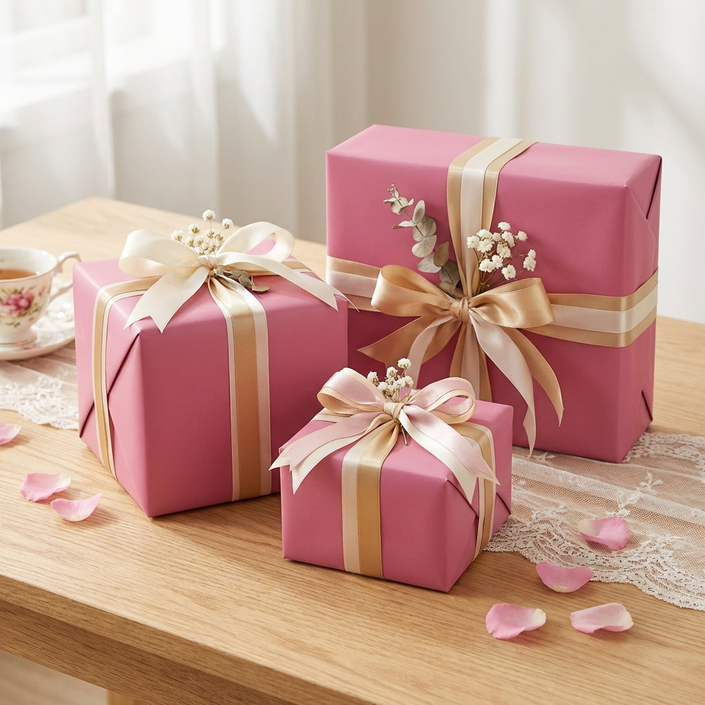 Three dusty rose wrapped gift boxes with decorative ribbons on a wooden table.