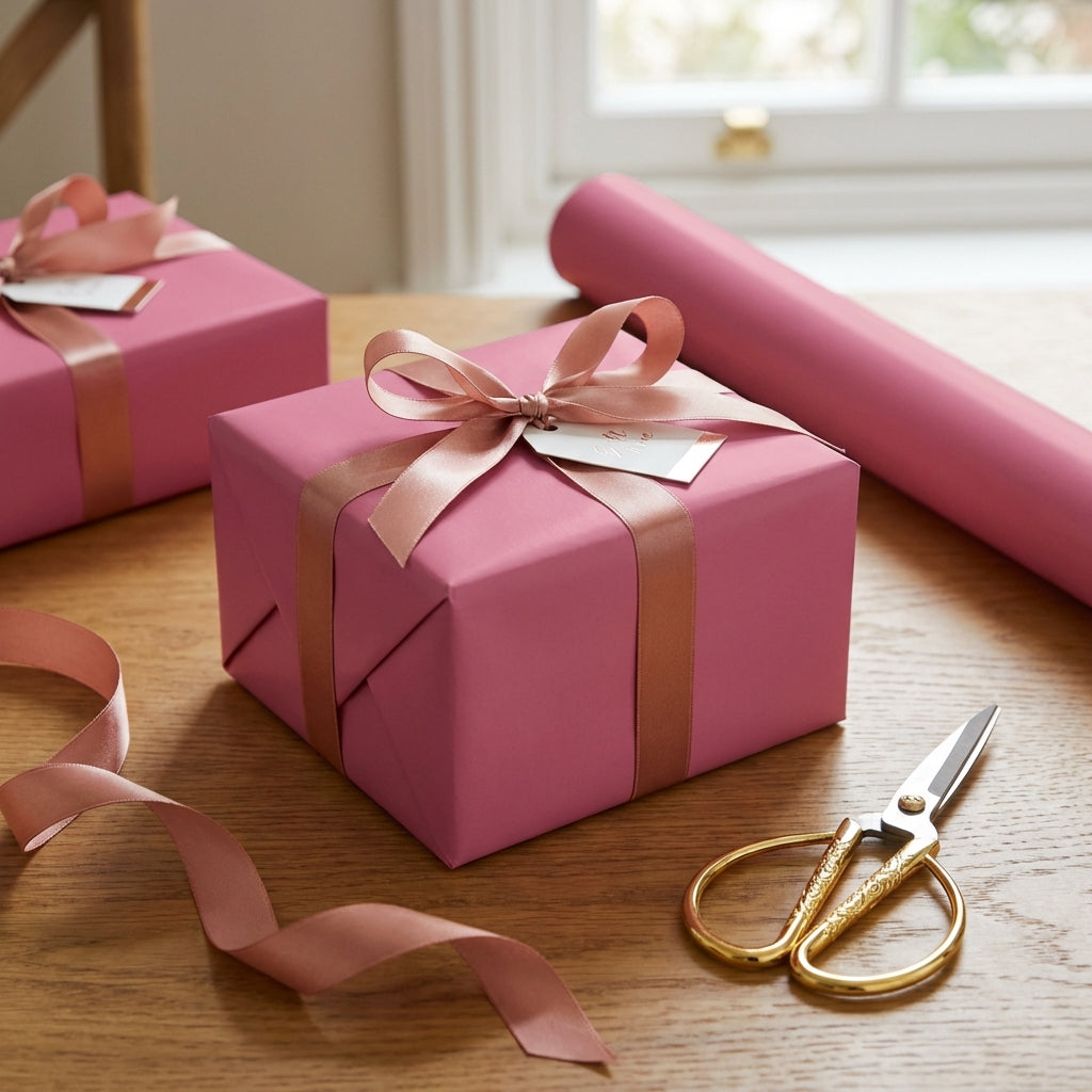 Dusty Rose gift box with a ribbon and scissors on a wooden surface