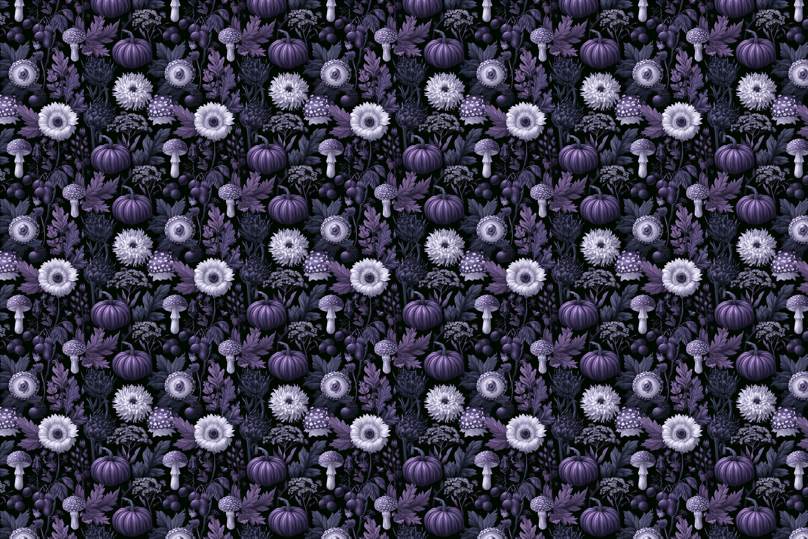 Dark gothic botanical pattern featuring purple pumpkins, mushrooms, and vintage floral motifs.