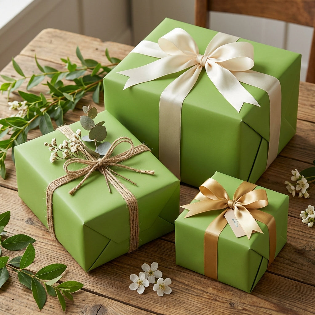Green Apple: Solid Color Wrapping Paper. Three green gift boxes with decorative ribbons on a wooden surface with greenery.