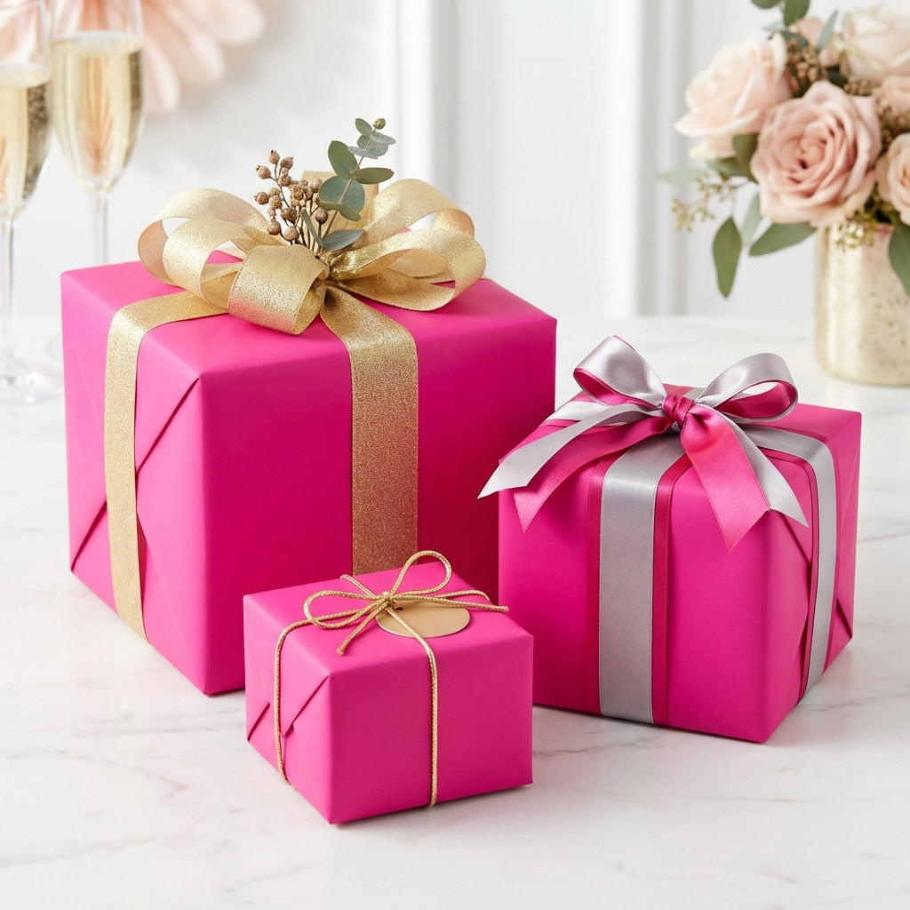 Three hot pink gift boxes with decorative ribbons on a light surface.