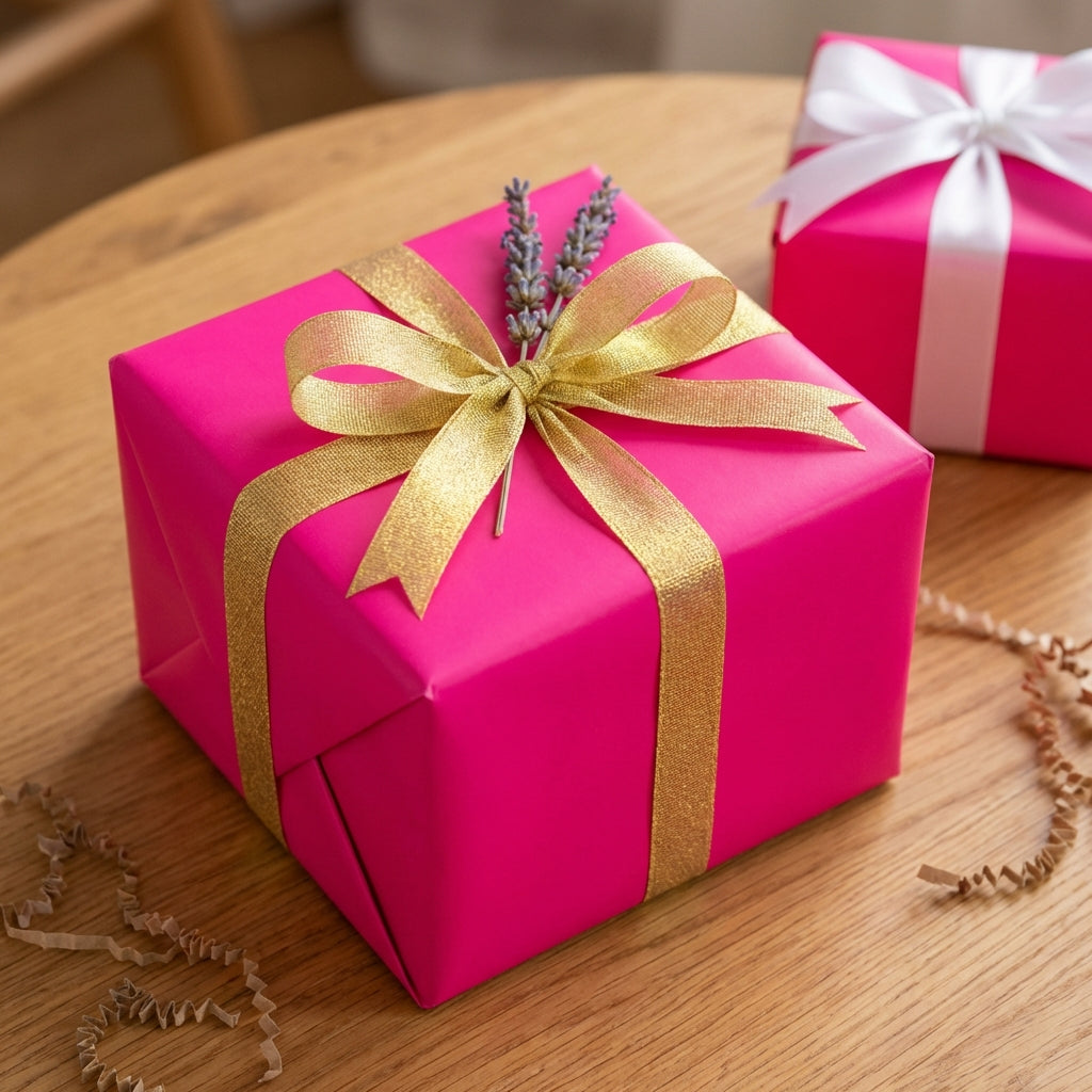 Two hot pink gift boxes with gold ribbons and lavender on a wooden surface.