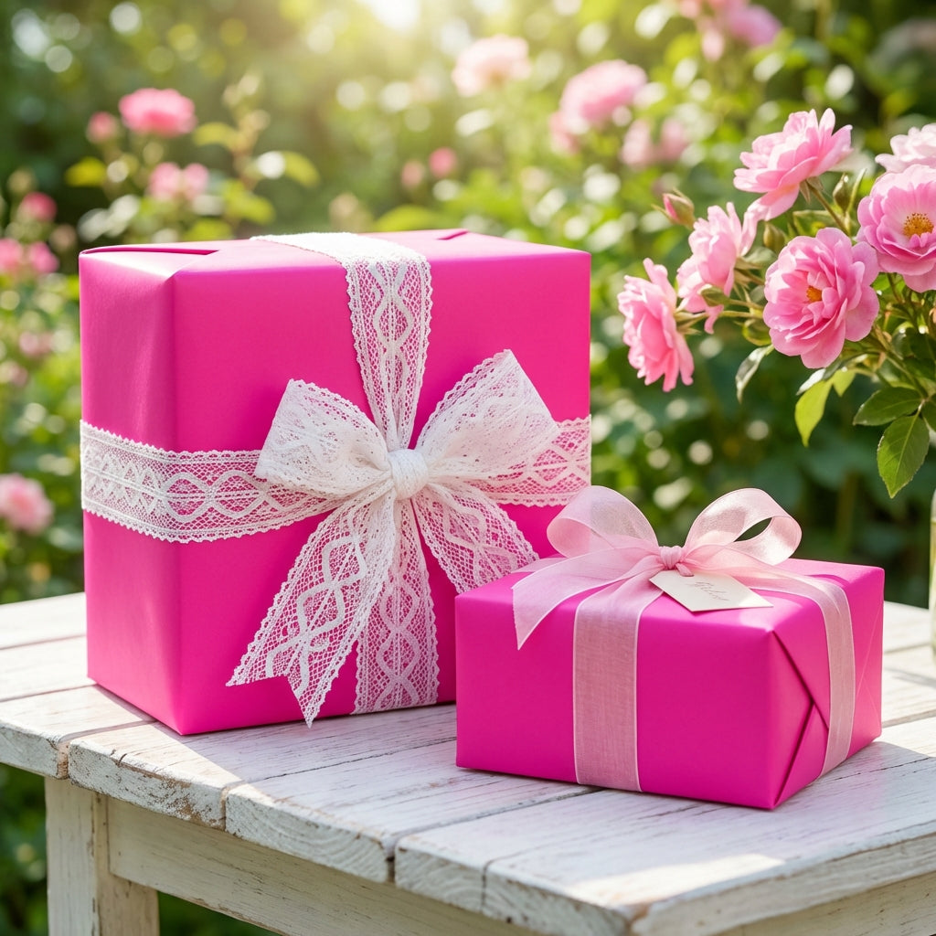 Two hot pink gift boxes with white lace ribbons on a wooden table with a garden background