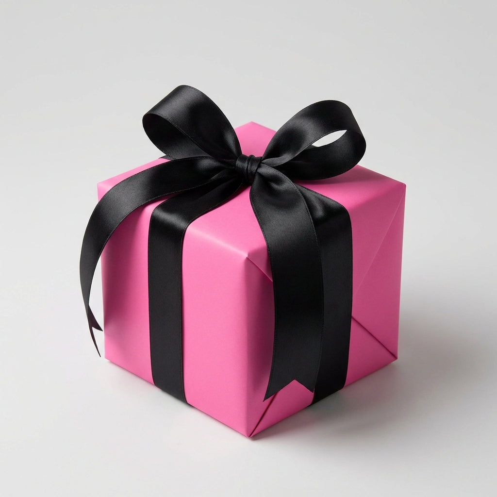 Pink gift box with a black ribbon on a light gray background