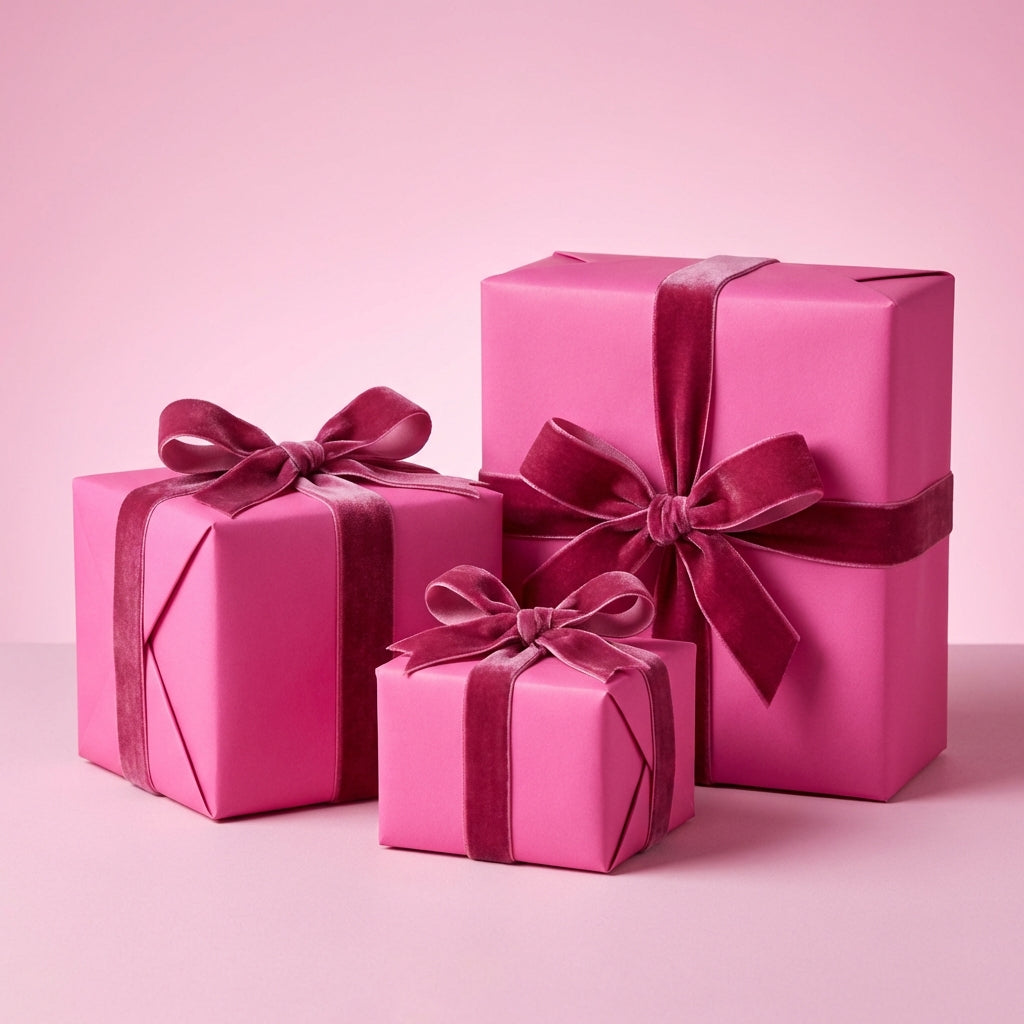 Three pink gift boxes with red ribbons on a pink background