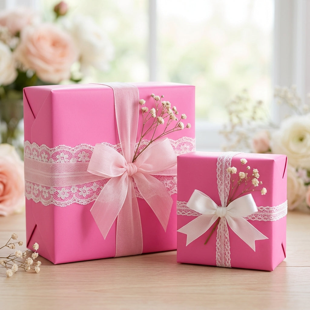 Two pink gift boxes with lace ribbons on a wooden surface with flowers in the background. Just Pink: Solid Color Wrapping Paper