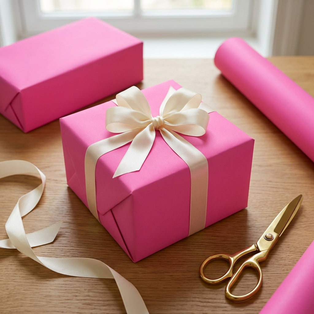 Pink gift box with a white ribbon and gold scissors on a wooden surface
