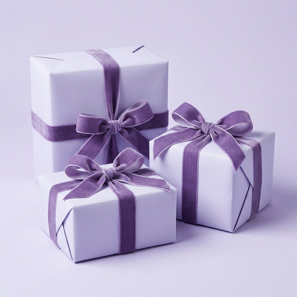 Three gifts with Lovely Lavender: Solid Color Wrapping Paper with purple ribbons on a light purple background