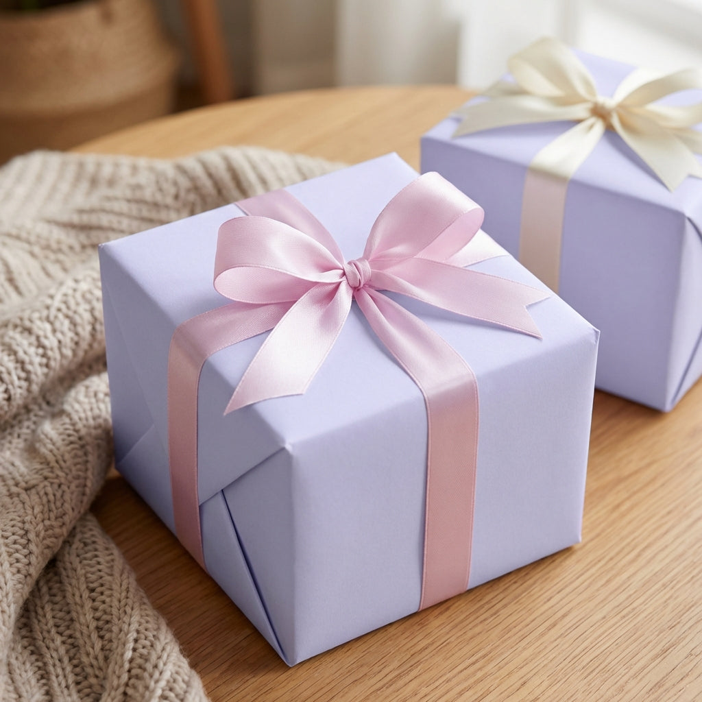 Lovely Lavender colored solid color wrapping paper on two gift boxes with pink ribbons on a wooden surface.