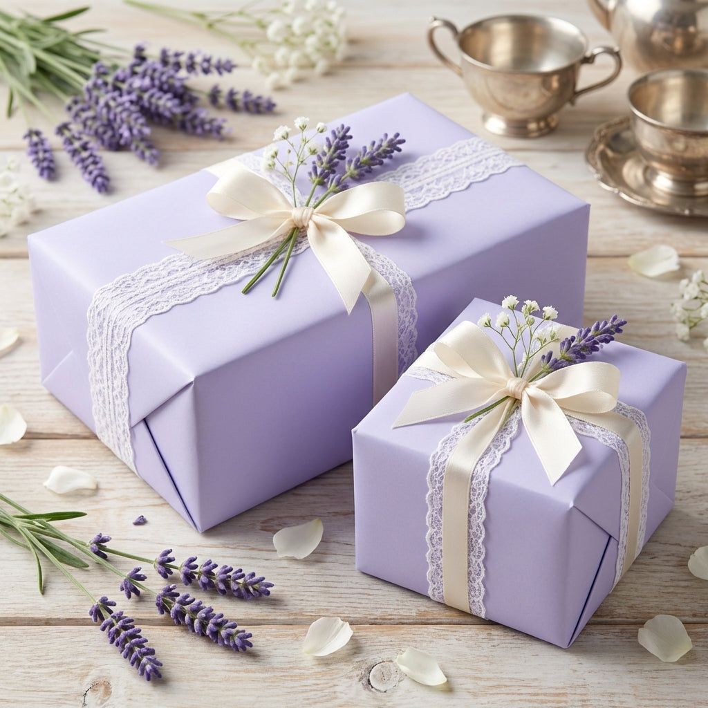 Two purple gift boxes with white ribbons on a wooden surface with lavender flowers. Lovely Lavender: Solid Color Wrapping Paper