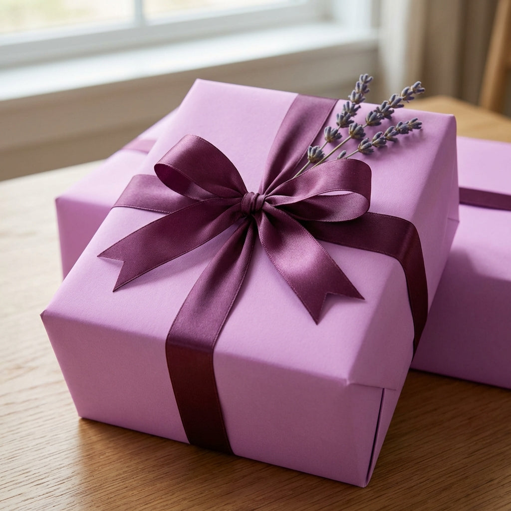Orchid: Solid Color Gift Wrap on gift box with a purple ribbon and lavender sprig on a wooden surface.